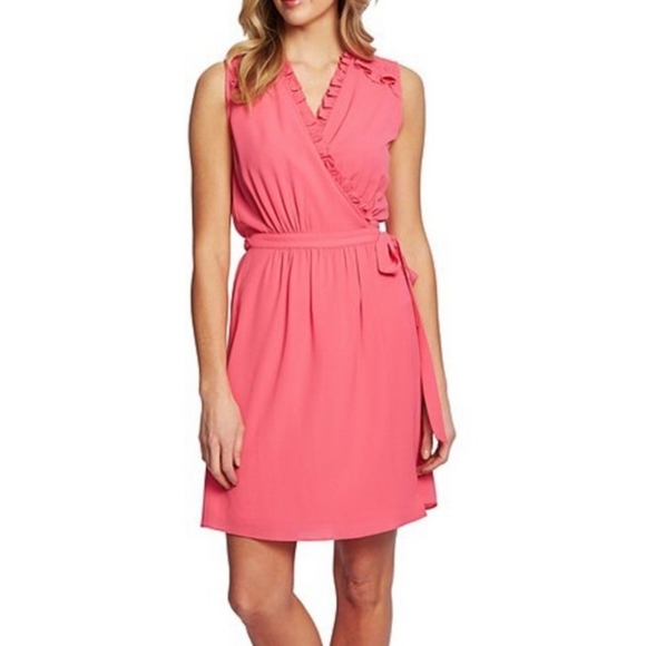 CeCe By Cynthia Steffe Hot Pink Sleeveless Ruffled Wrap Dress Size Large - Picture 1 of 13